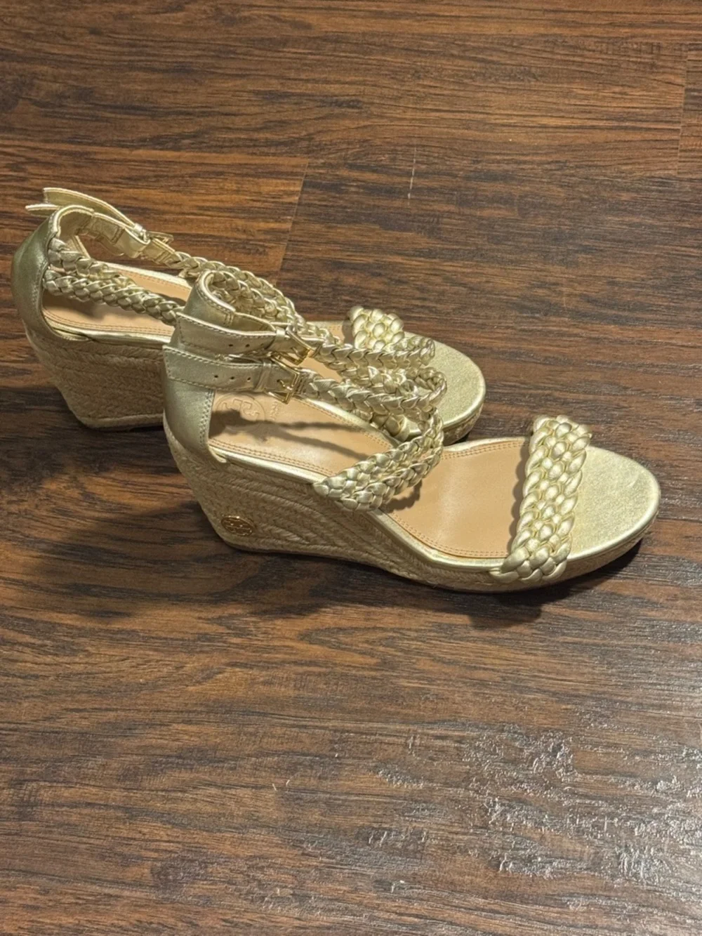 Tory Burch Metallic Gold Braided Espadrille Wedge Sandals, Sz 8.5, Like New